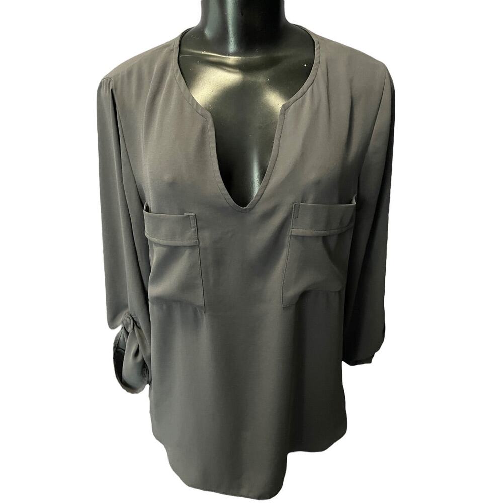 Medium Veronicam Womens Popover Blouse Roll Tab Sleeve Pockets Shirt